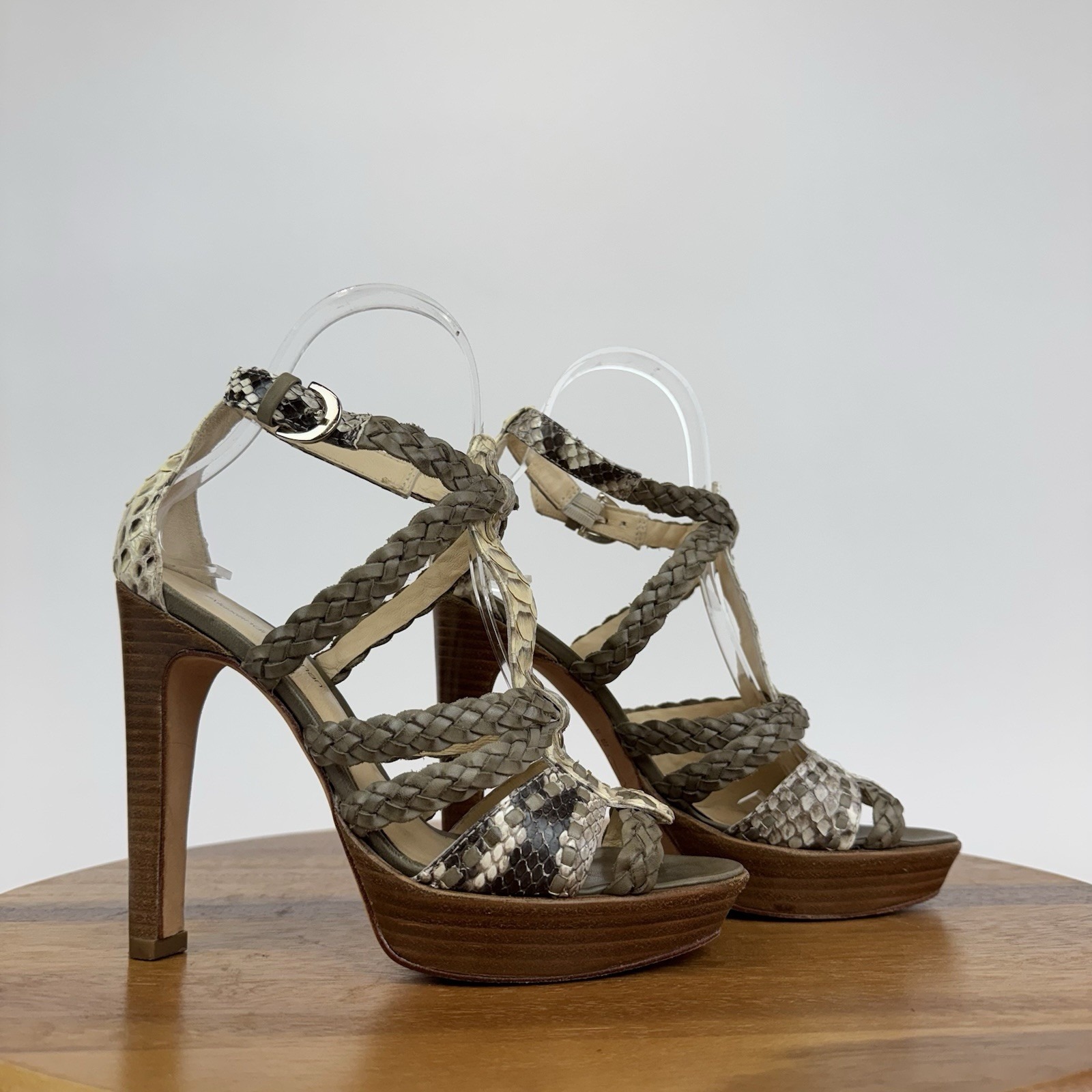 Womens Alexandre Birman Python Taupe Brown Leather Braided Pumps Heels Size 6 B